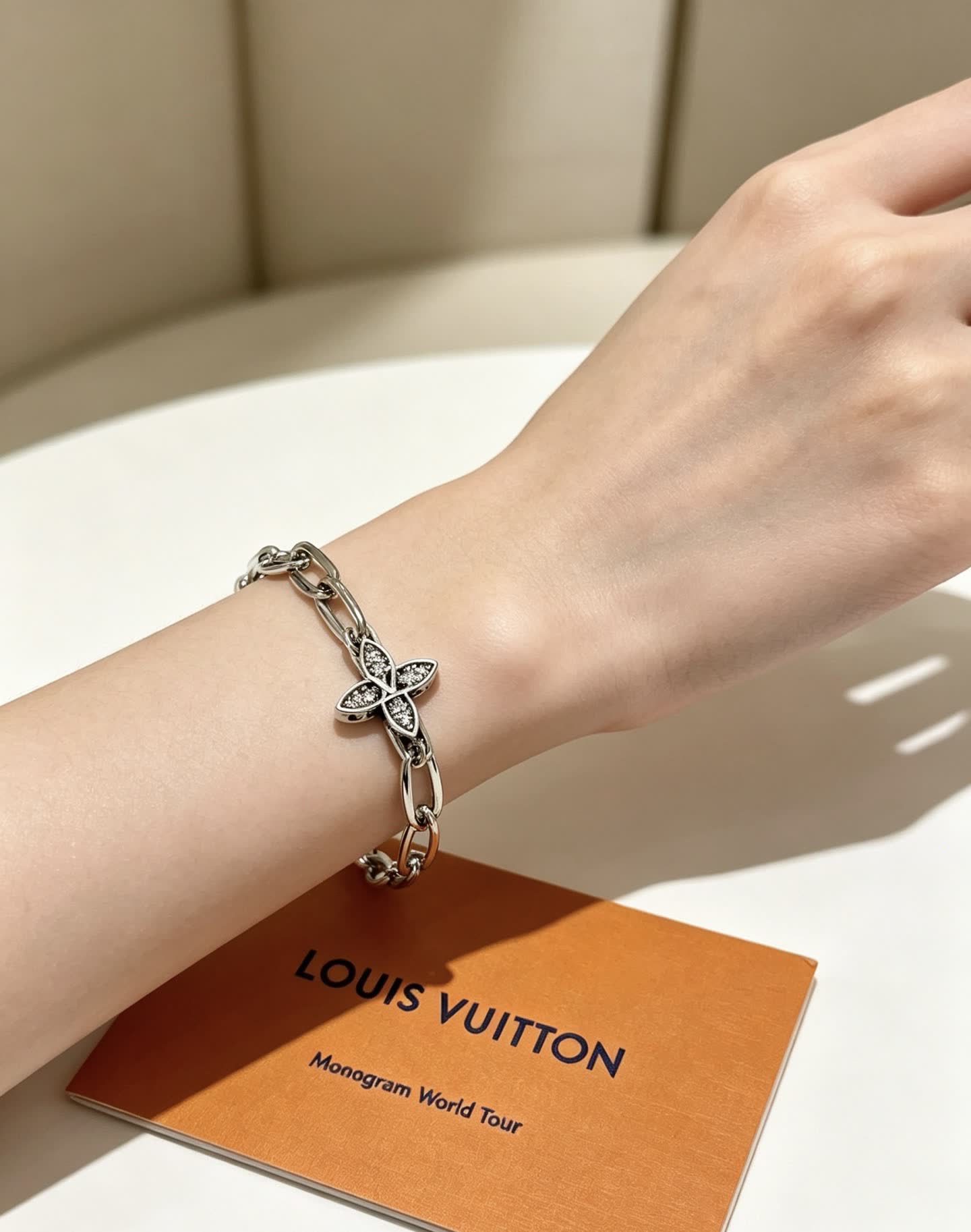 Louis Vuitton Silver Bracelet with Monogram Flower Charm